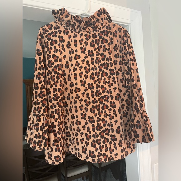 Elizabeth Wilson Top Leopard Print Corduroy High Ruffle Neckline Flare Sleeve - Picture 3 of 4